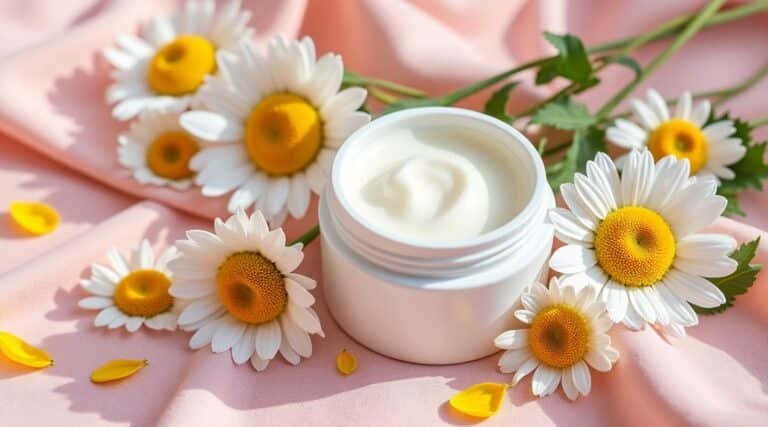 Pot de crème apaisante anti-rougeurs entouré de fleurs de camomille et de calendula sur tissu rose
