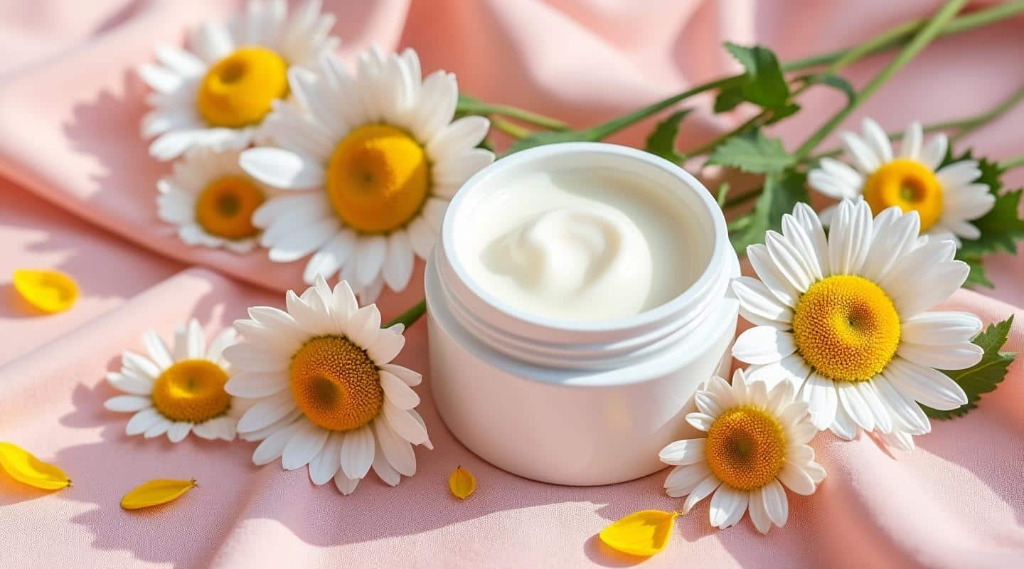 Pot de crème apaisante anti-rougeurs entouré de fleurs de camomille et de calendula sur tissu rose