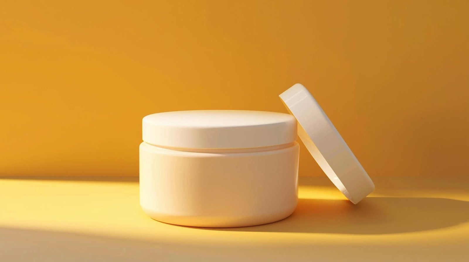 Pot de crème visage minimaliste posé sur surface claire et brindille végétale