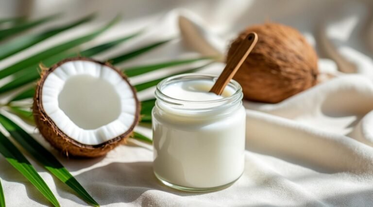 Pot d'huile de coco vierge bio fraîche, demi-noix de coco et feuilles tropicales pour soin visage