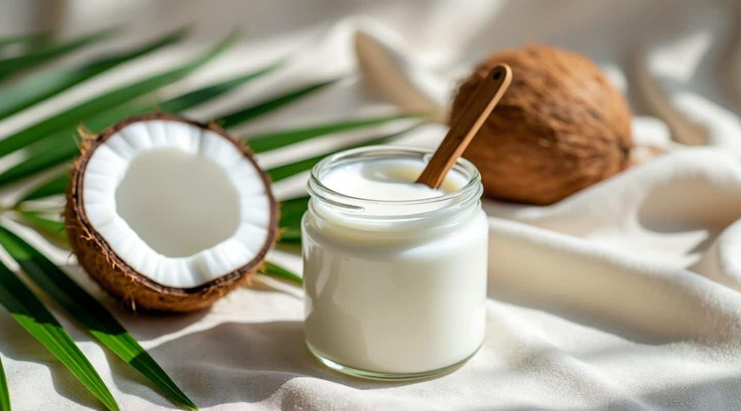 Pot d'huile de coco vierge bio fraîche, demi-noix de coco et feuilles tropicales pour soin visage