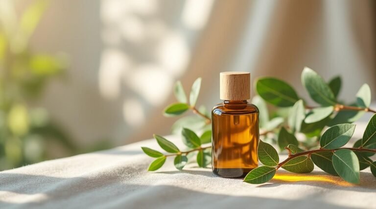 Flacon d'huile de jojoba bio en verre ambré entouré de feuilles vertes, mise en scène épurée pour soin du visage