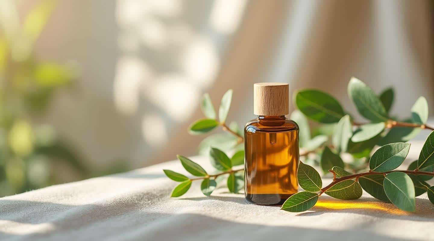 Flacon d'huile de jojoba bio en verre ambré entouré de feuilles vertes, mise en scène épurée pour soin du visage