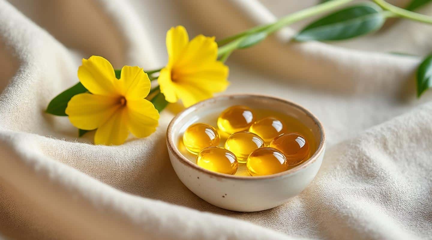 Fleurs d'onagre jaunes et capsules d'huile d'onagre ambrées, composition naturopathique pour la ménopause